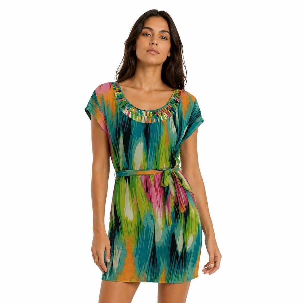Jack & Ginger 100% Silk Belted Dress Women's Large Multicolor Boho Artistic